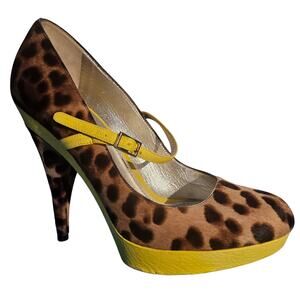 DOLCE & GABBANA Leopard Platform Pumps Neon Yellow Leather Maryjane Heels SZ 8.5